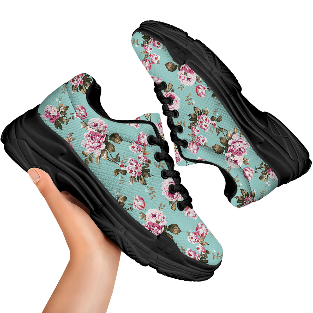 Floral Blossom Vintage Print Pattern Black Chunky Shoes-grizzshop