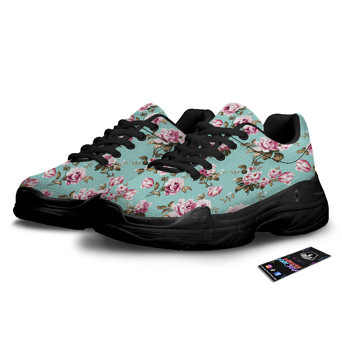 Floral Blossom Vintage Print Pattern Black Chunky Shoes-grizzshop