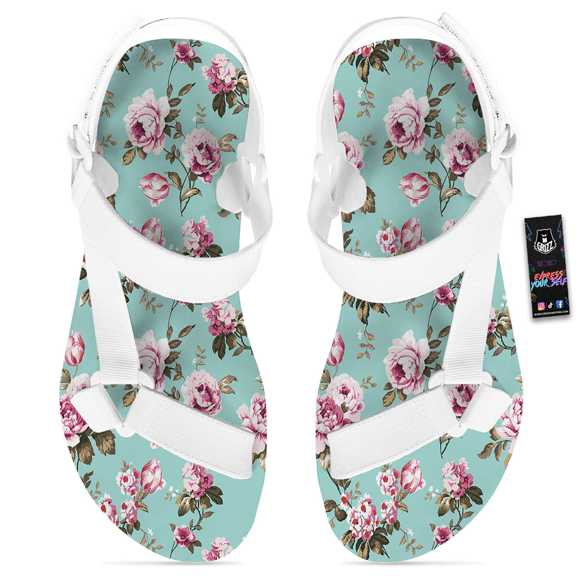 Floral Blossom Vintage Print Pattern White Open Toe Sandals-grizzshop