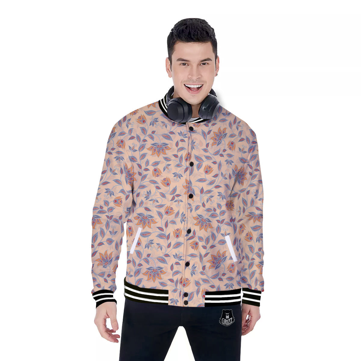 Floral Bohemian Beige Print Pattern Baseball Jacket-grizzshop