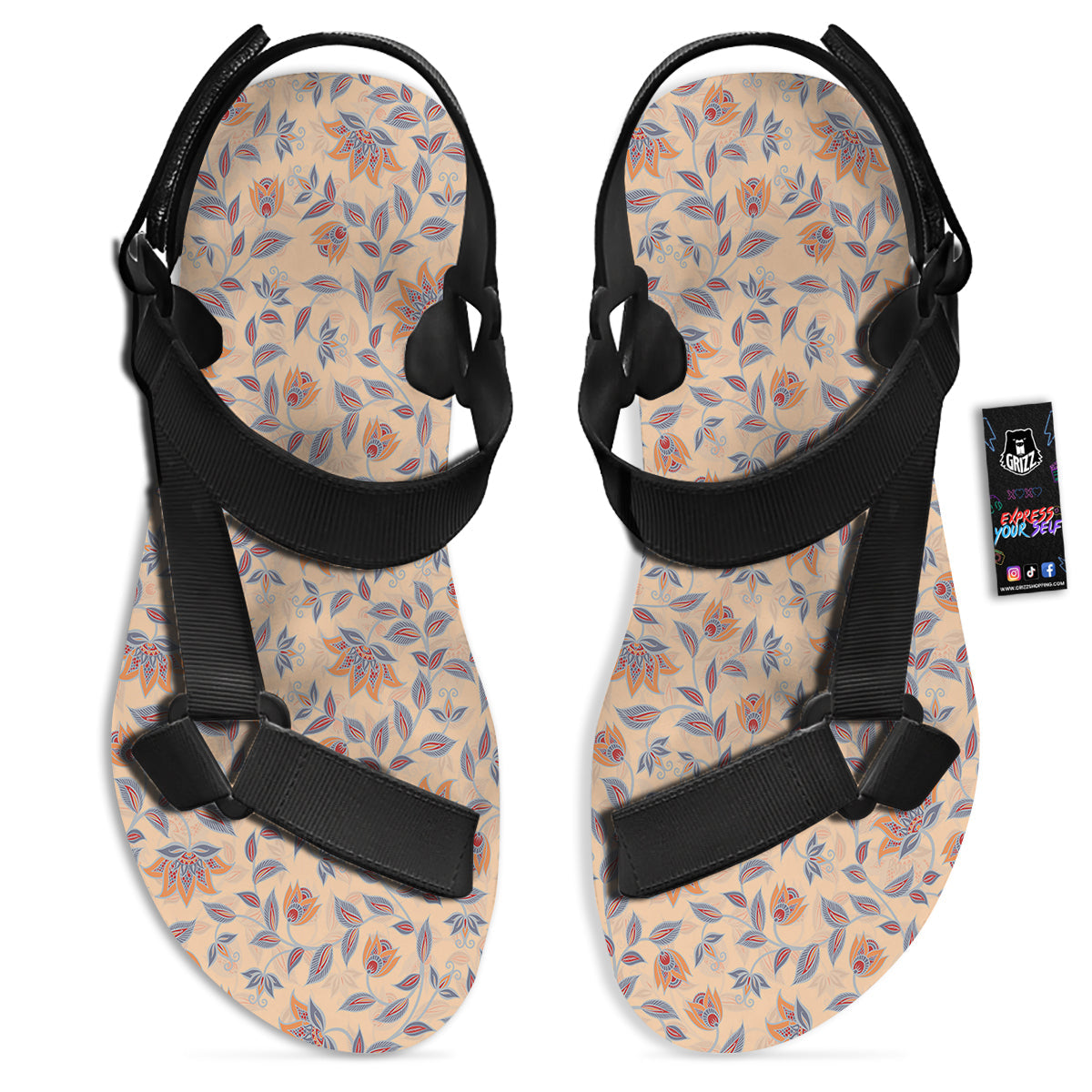 Floral Bohemian Beige Print Pattern Black Open Toe Sandals-grizzshop