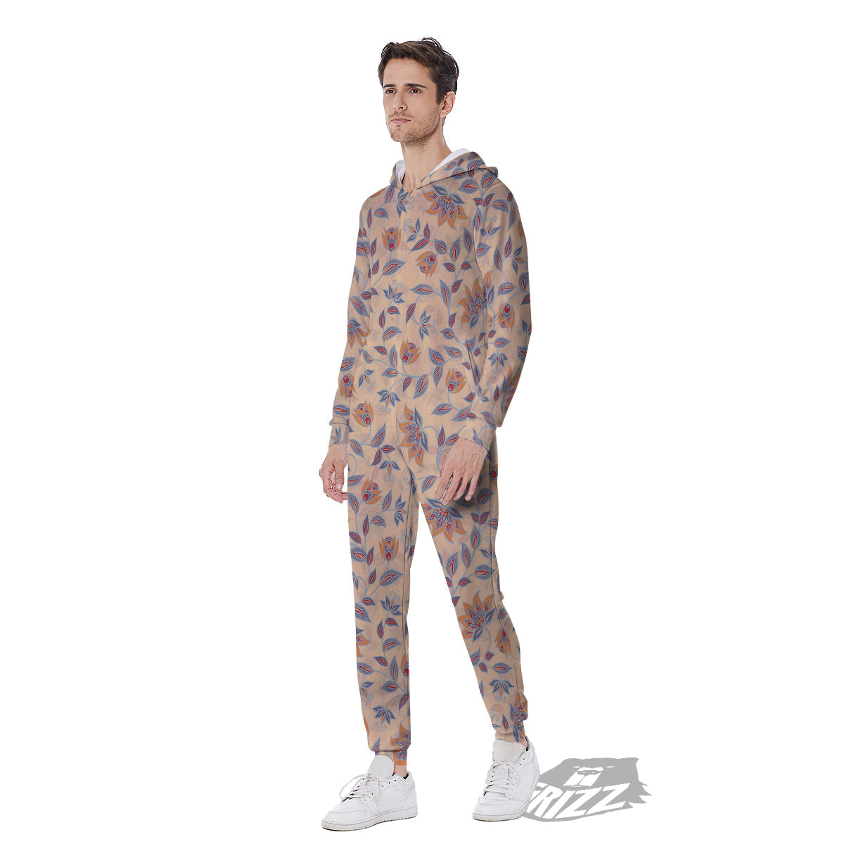 Floral Bohemian Beige Print Pattern Men's Jumpsuit-grizzshop