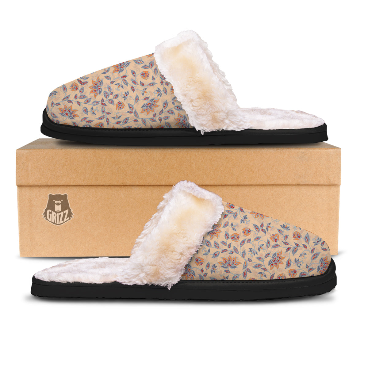 Floral Bohemian Beige Print Pattern Slippers-grizzshop