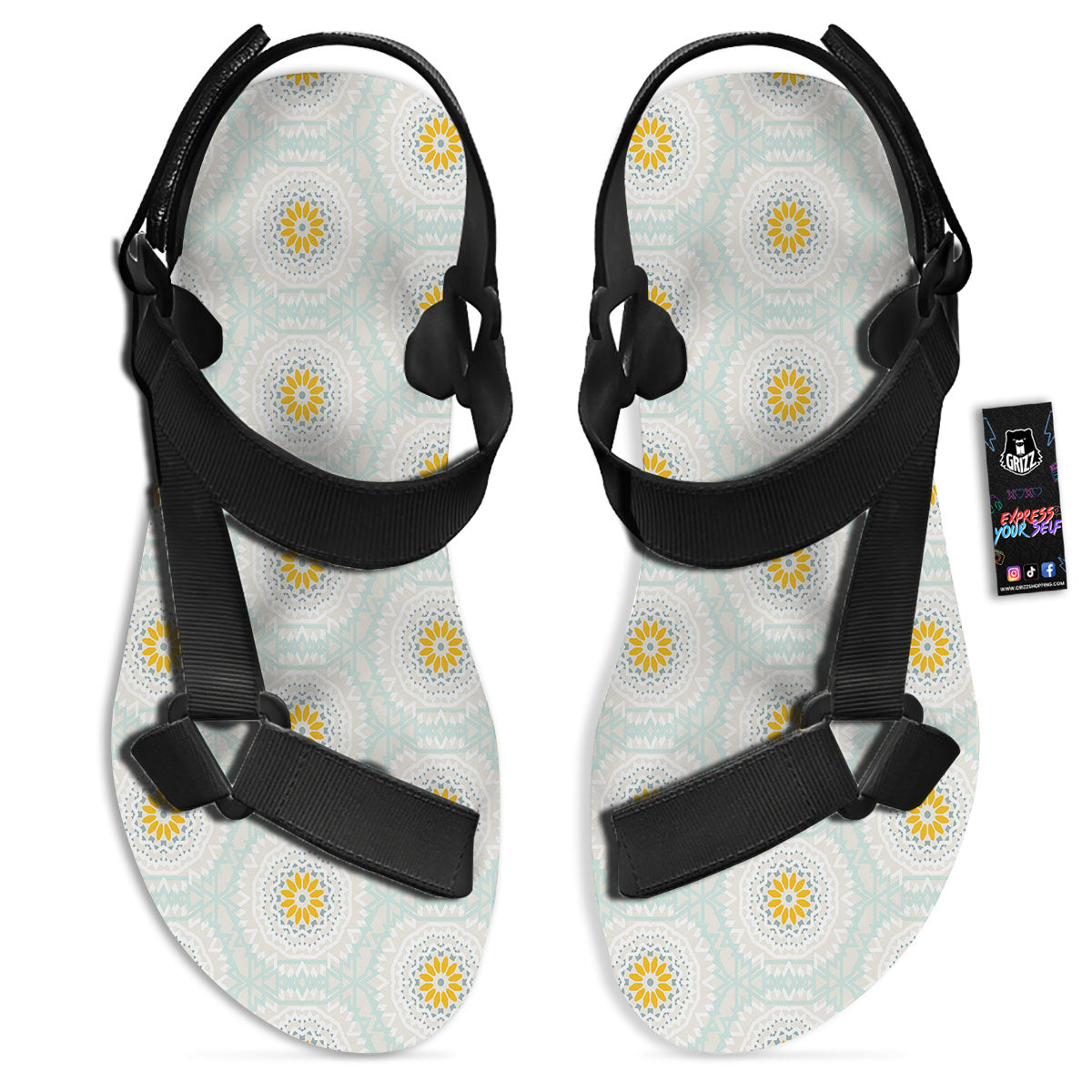 Floral Bohemian Pastel Print Pattern Black Open Toe Sandals-grizzshop