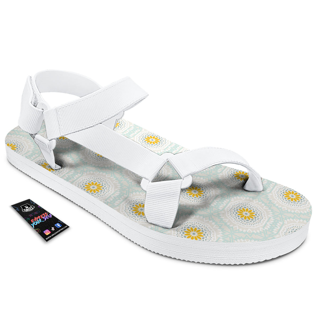 Floral Bohemian Pastel Print Pattern White Open Toe Sandals-grizzshop