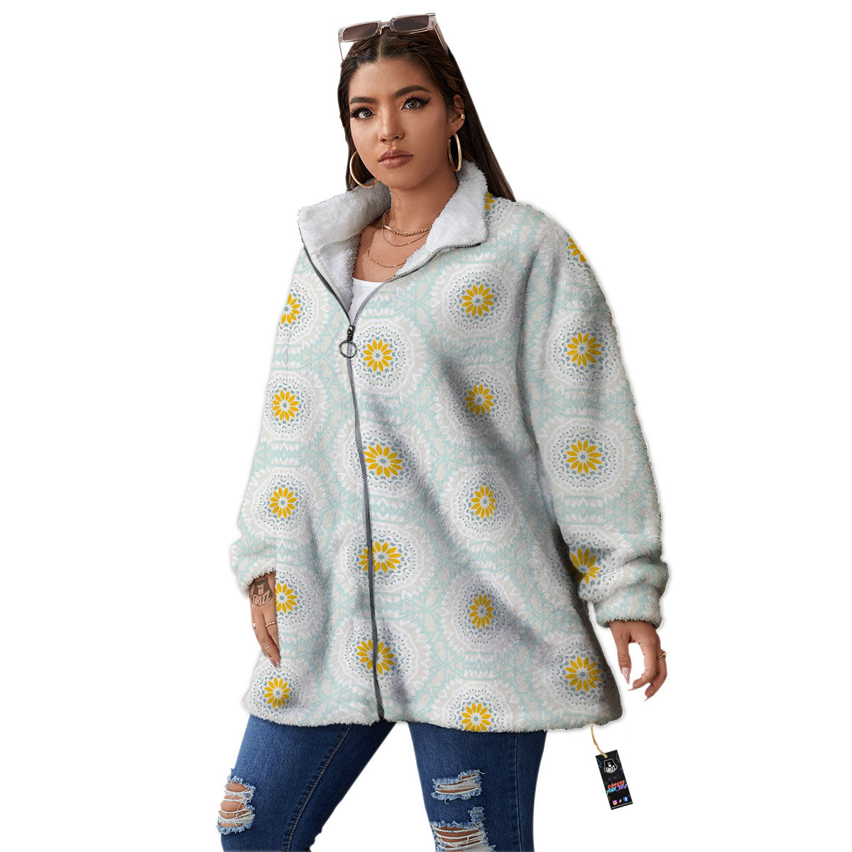 Floral Bohemian Pastel Print Pattern Women's Sherpa Jacket-grizzshop