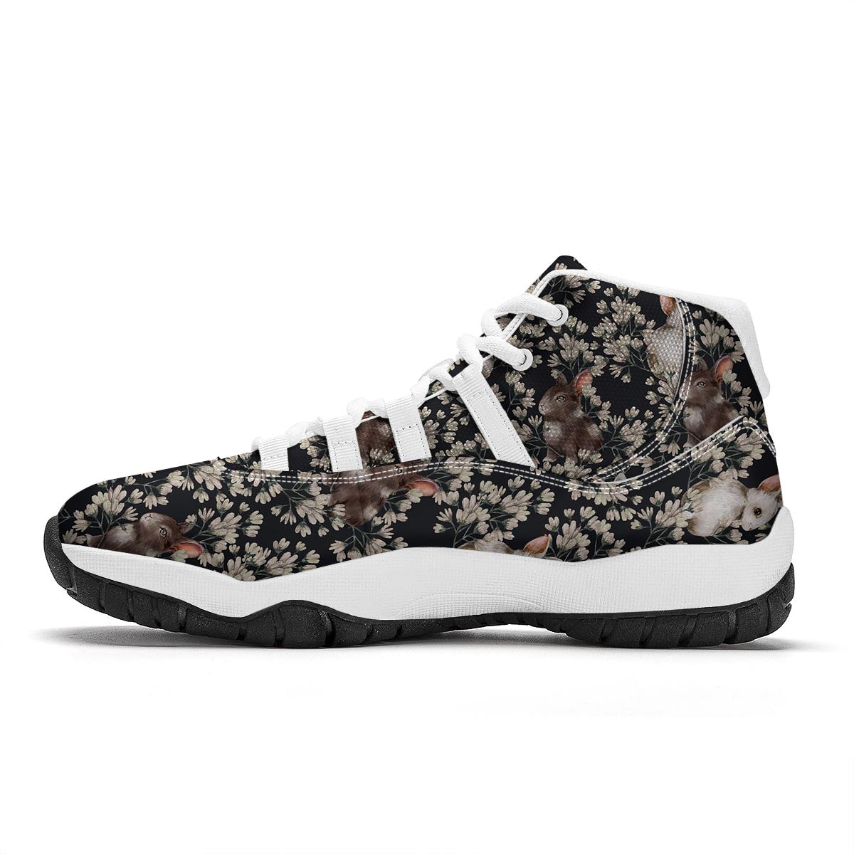 Floral Bunny Rabbit Pattern Print White Bball Shoes-grizzshop