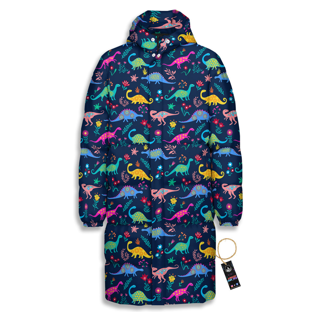 Floral Cute Dino Print Pattern Long Down Jacket-grizzshop