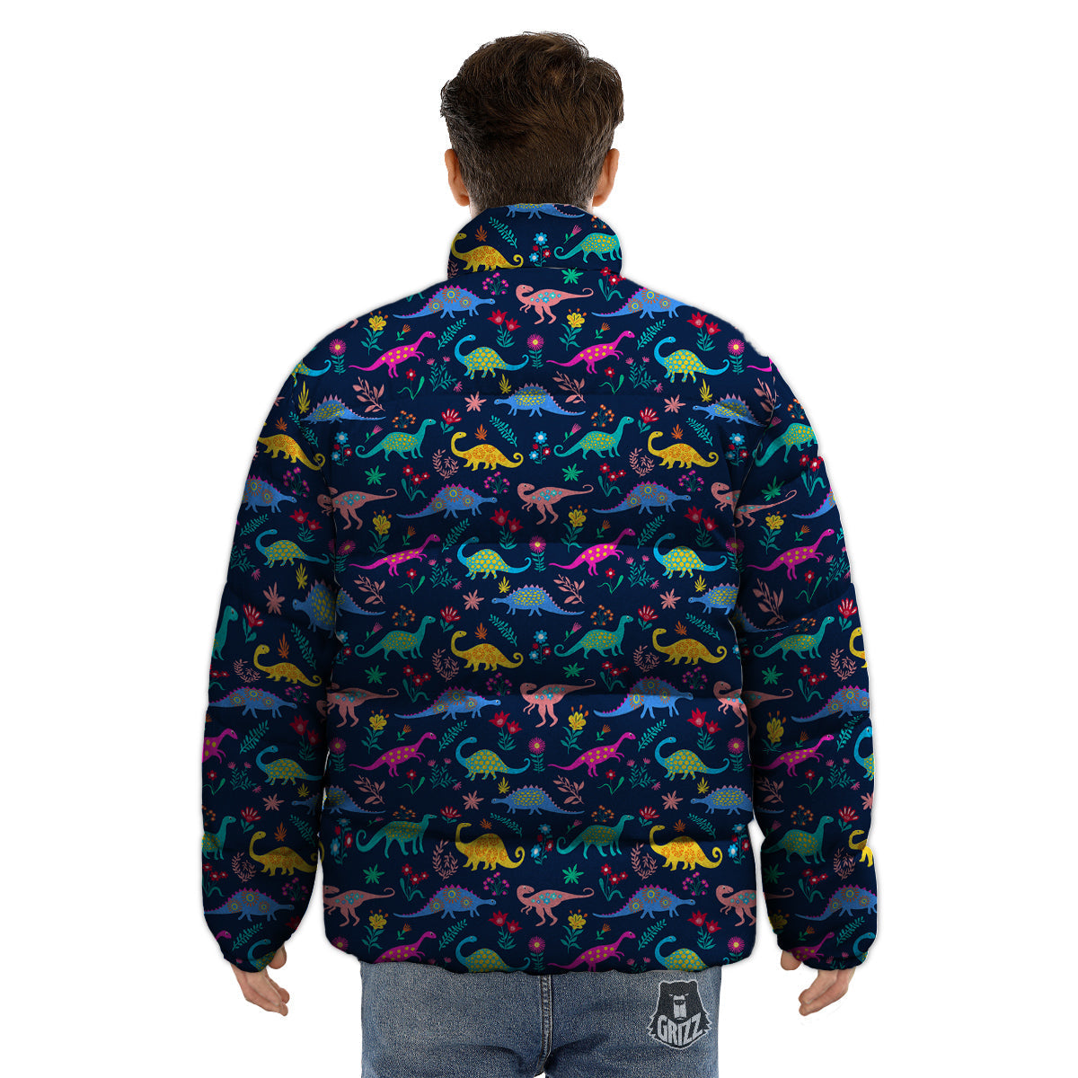Floral Cute Dino Print Pattern Puffer Jacket-grizzshop