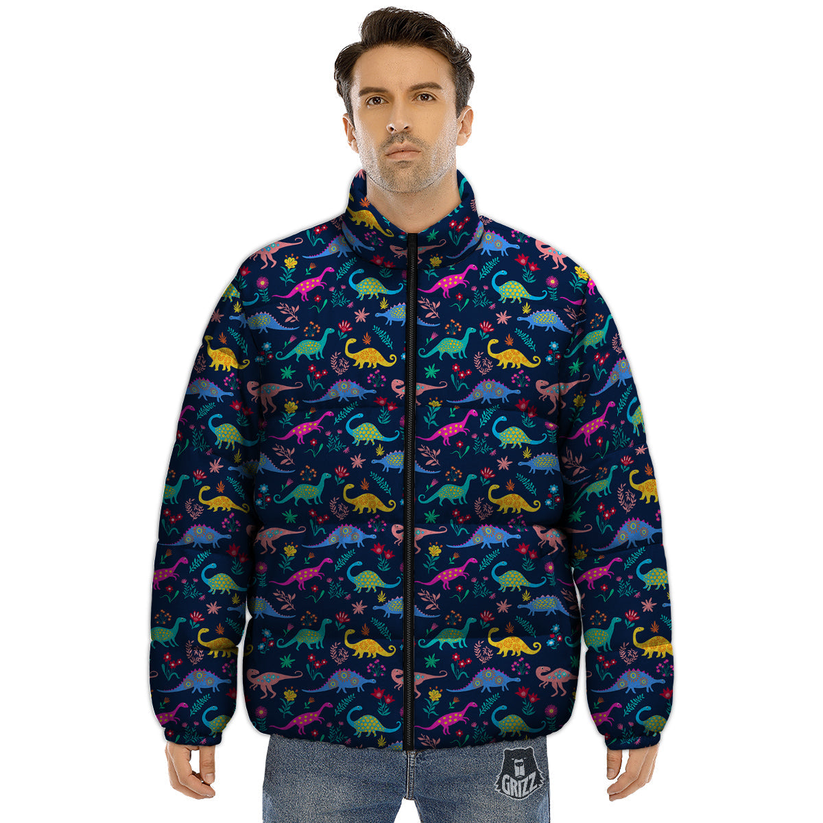 Floral Cute Dino Print Pattern Puffer Jacket-grizzshop