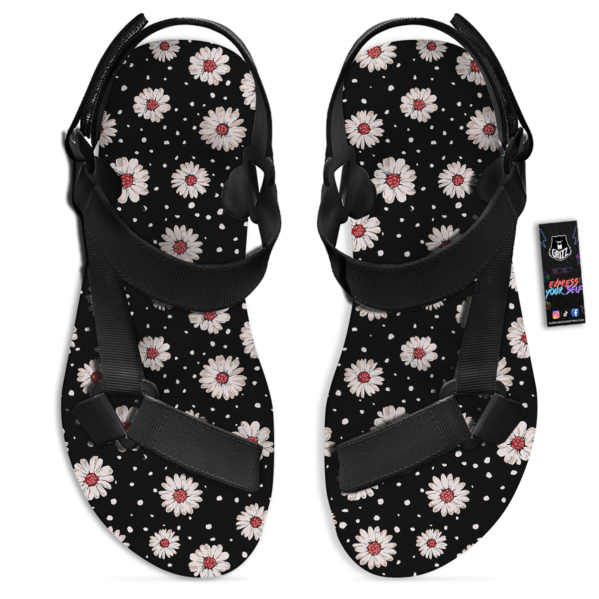 Floral Daisy Watercolor Print Pattern Black Open Toe Sandals-grizzshop