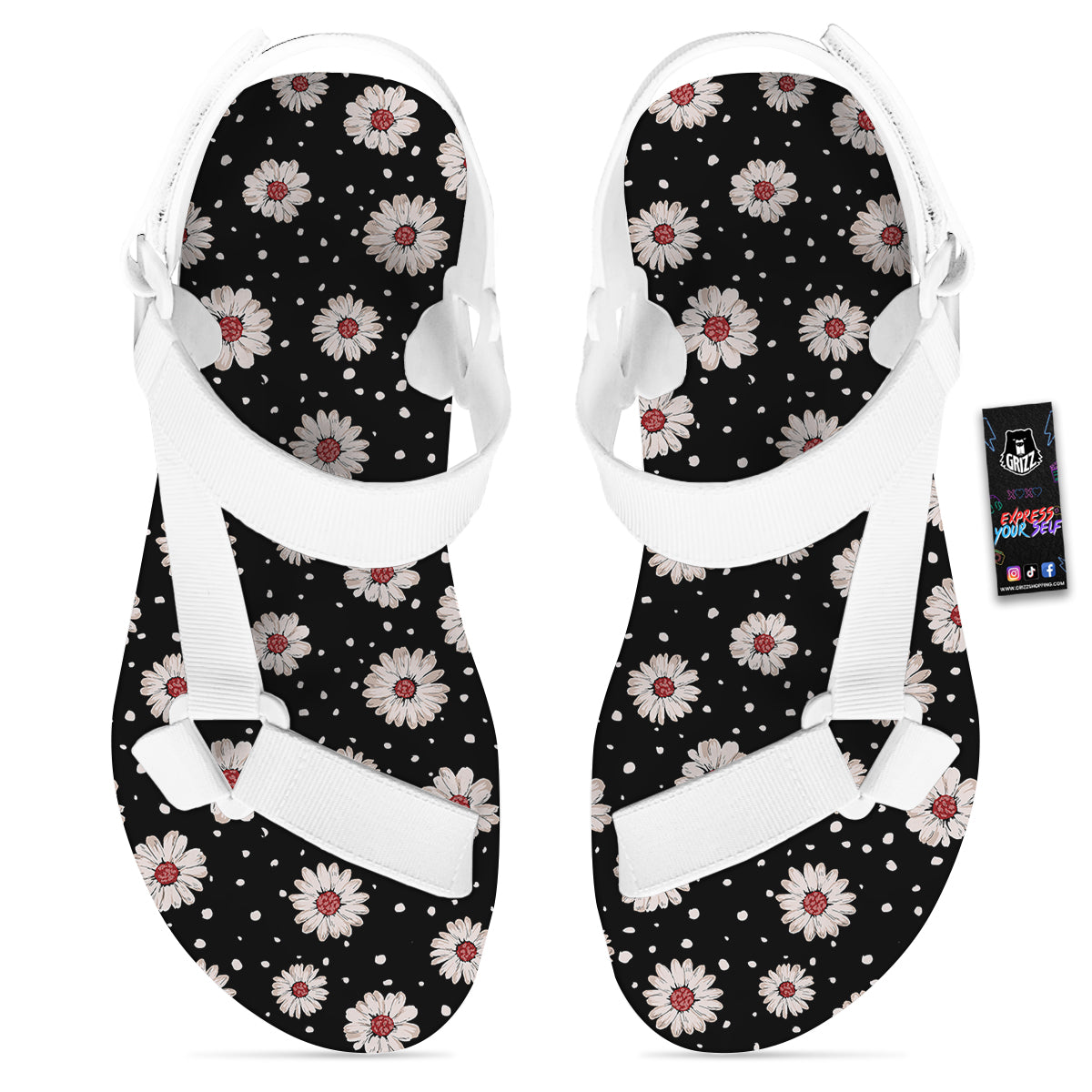 Floral Daisy Watercolor Print Pattern White Open Toe Sandals-grizzshop