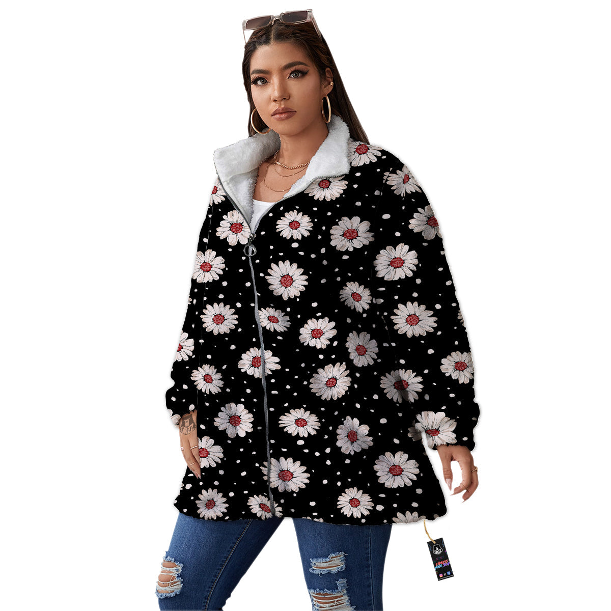 Floral Daisy Watercolor Print Pattern Women's Sherpa Jacket-grizzshop
