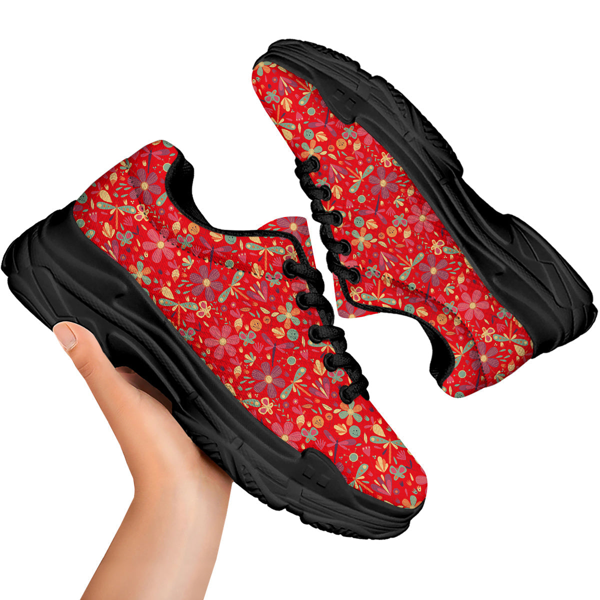 Floral Dragonfly Christmas Print Pattern Black Chunky Shoes-grizzshop