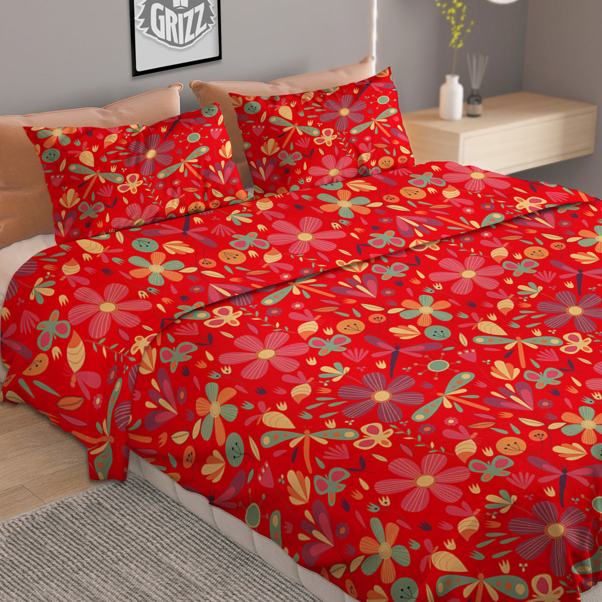 Flowers And Eggplant With Leaves Print Duvet Cover Bedding Set