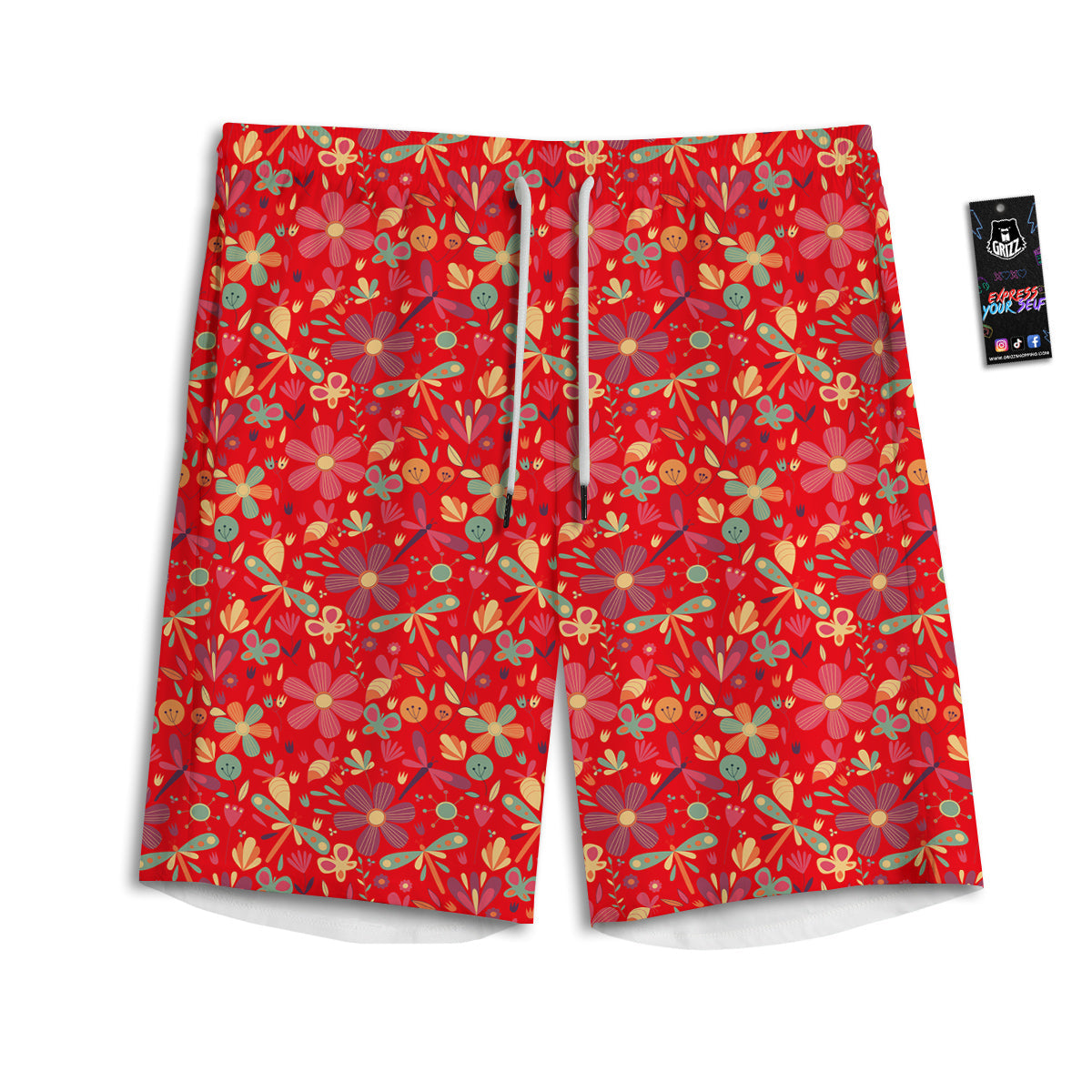 Floral Dragonfly Christmas Print Pattern Men's Athletic Shorts