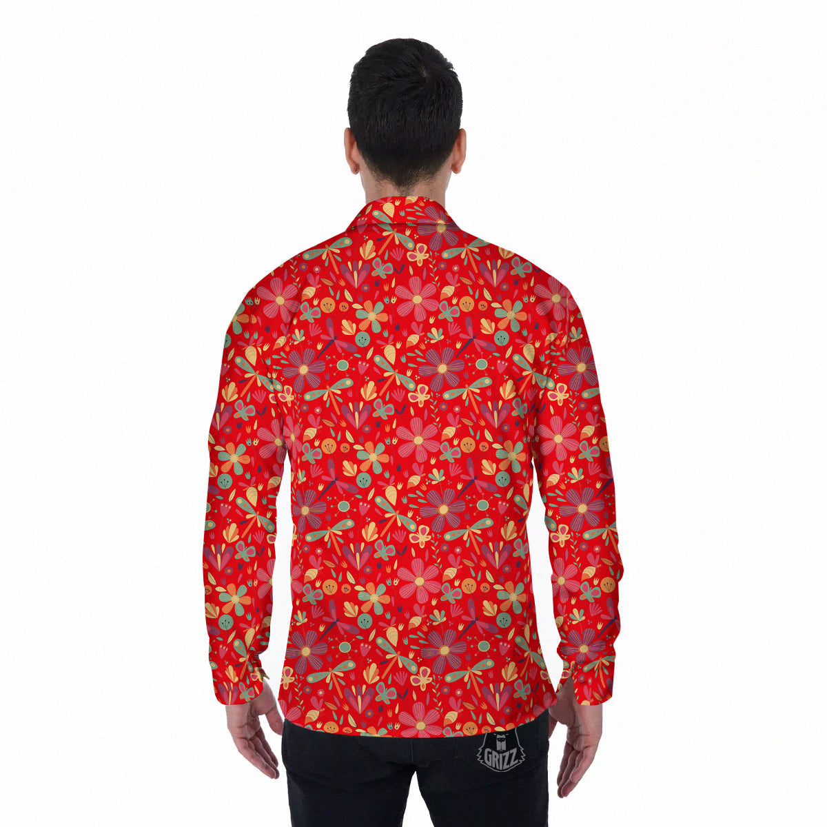 Floral Dragonfly Christmas Print Pattern Men's Long Sleeve Shirts-grizzshop