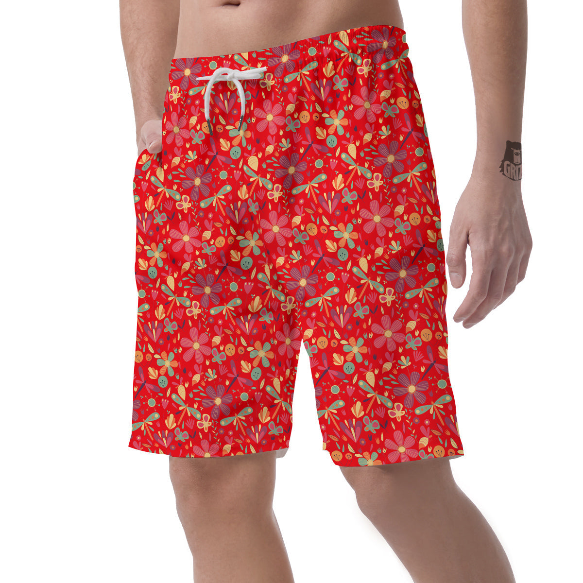 Floral Dragonfly Christmas Print Pattern Men's Shorts-grizzshop