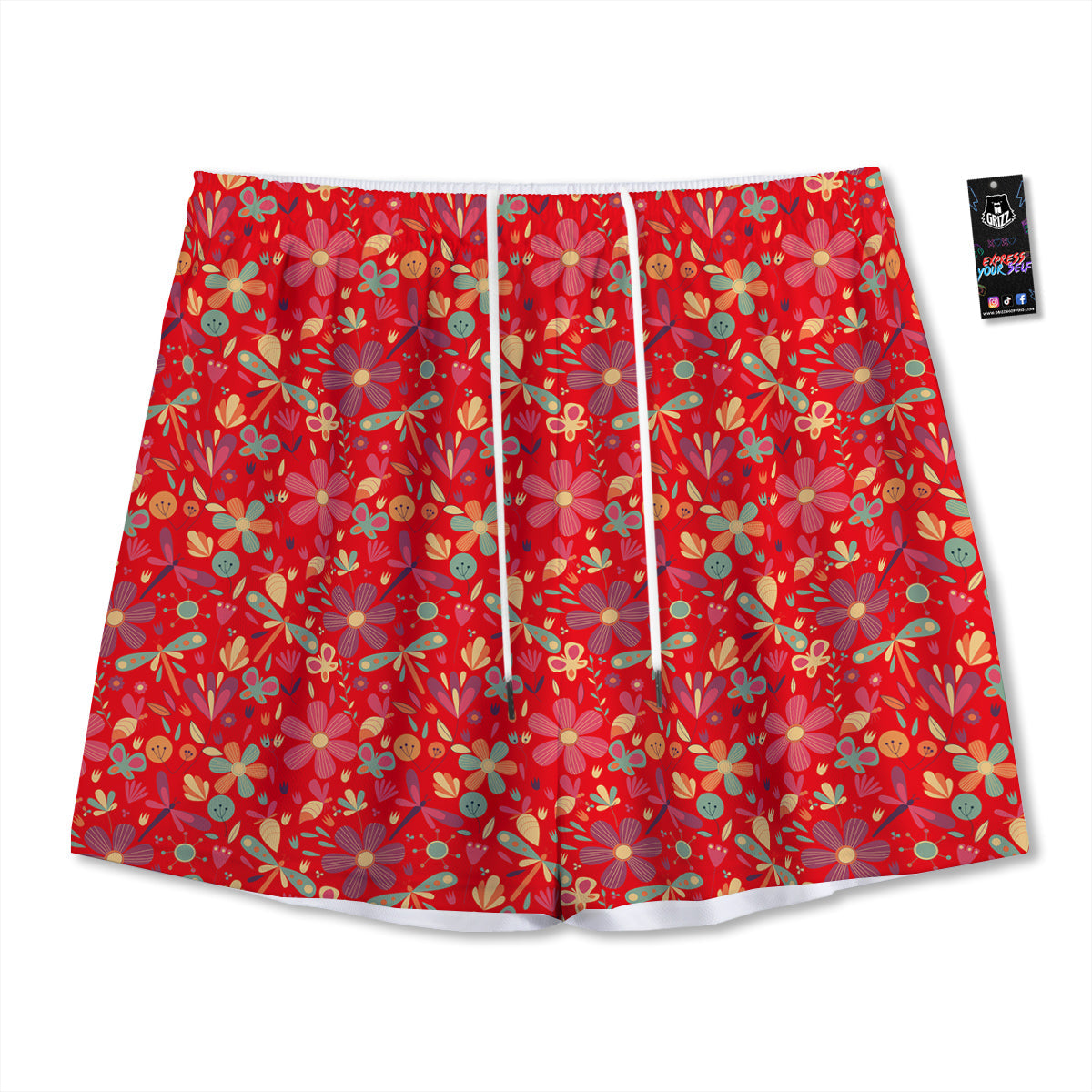 Flowers And Eggplant With Leaves Print Mesh Shorts