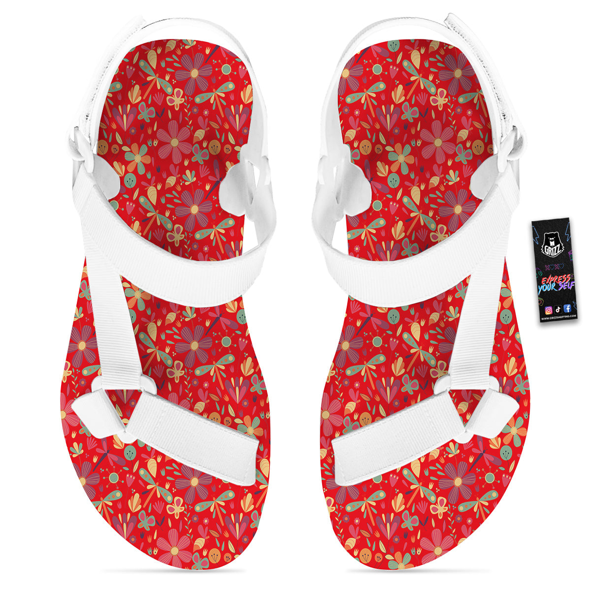 Floral Dragonfly Christmas Print Pattern White Open Toe Sandals-grizzshop