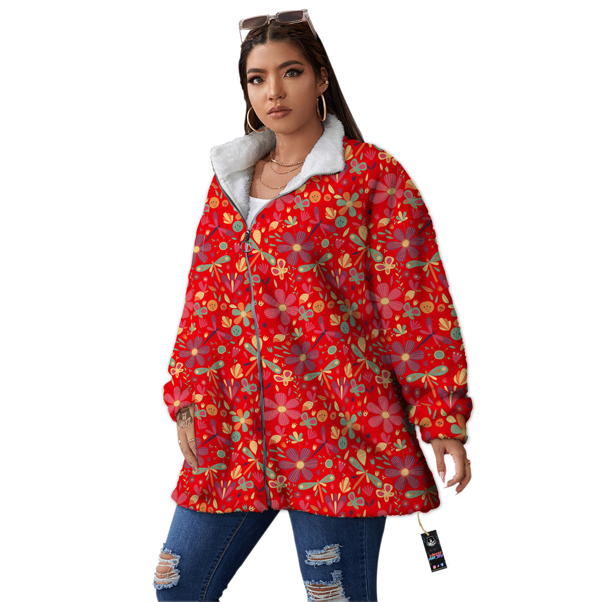 Floral Dragonfly Christmas Print Pattern Women's Sherpa Jacket-grizzshop