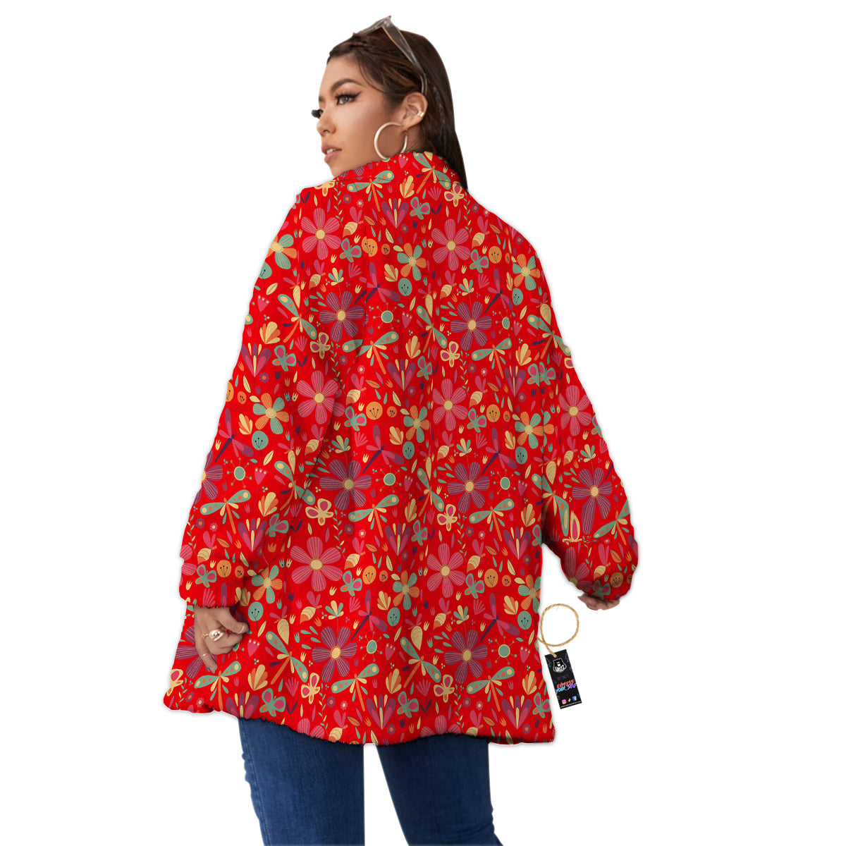 Floral Dragonfly Christmas Print Pattern Women's Sherpa Jacket-grizzshop