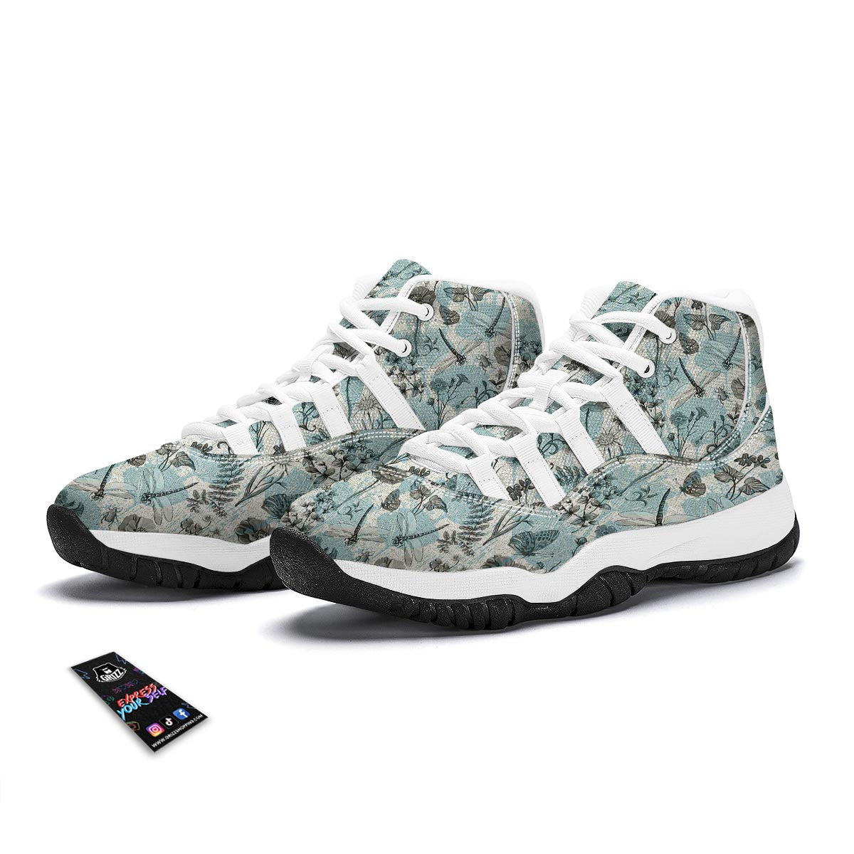 Floral Dragonfly Print White Bball Shoes-grizzshop