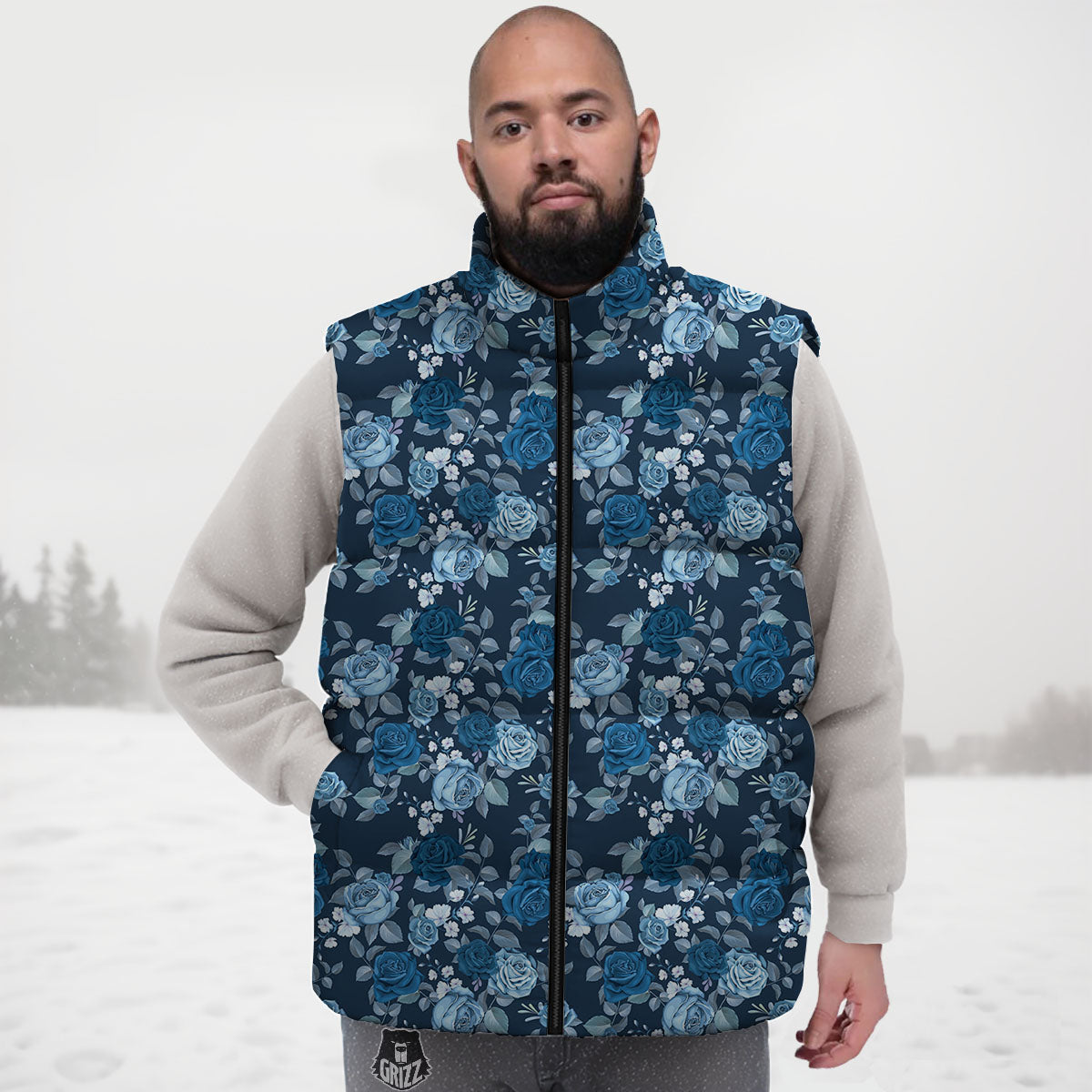 Floral Flower Blue Rose Print Pattern Down Vest-grizzshop