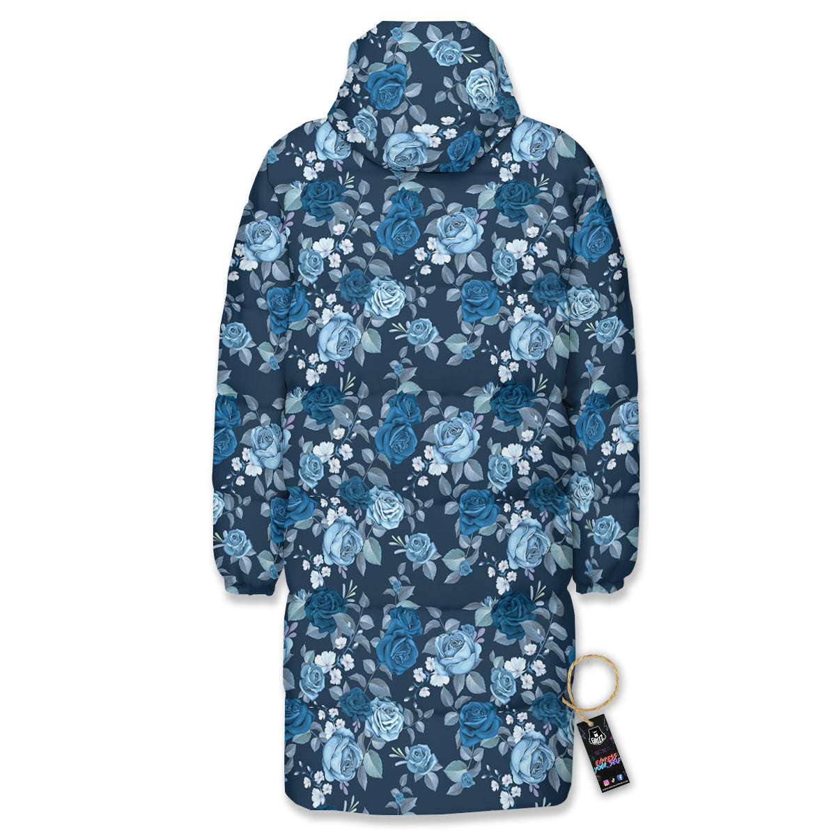 Floral Flower Blue Rose Print Pattern Long Down Jacket-grizzshop