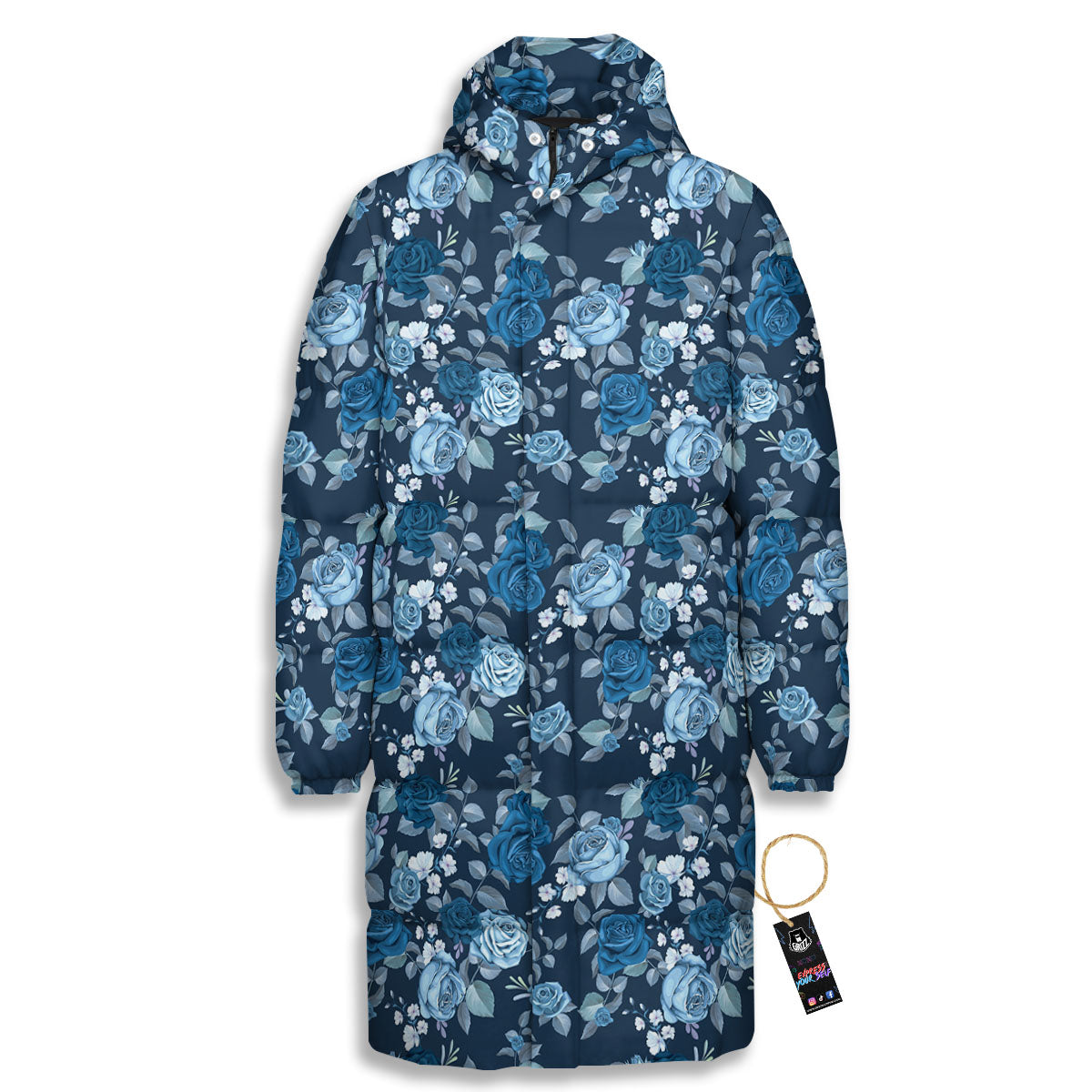 Floral Flower Blue Rose Print Pattern Long Down Jacket-grizzshop