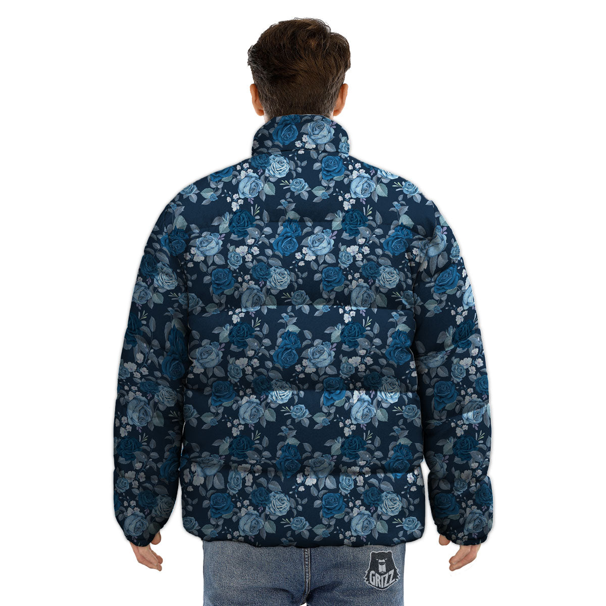 Floral Flower Blue Rose Print Pattern Puffer Jacket-grizzshop