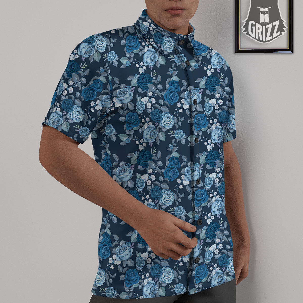 Floral Flower Blue Rose Print Pattern Untucked Shirts-grizzshop