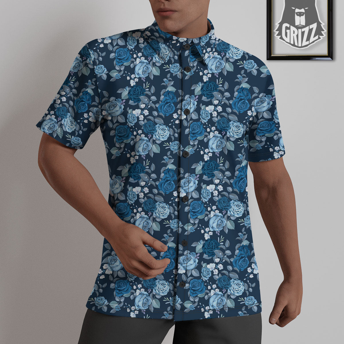 Floral Flower Blue Rose Print Pattern Untucked Shirts-grizzshop