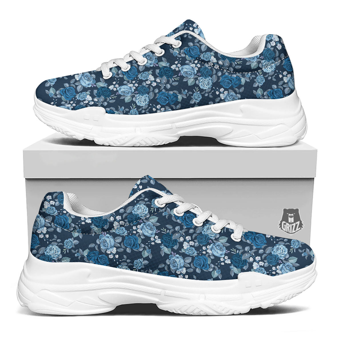 Floral Flower Blue Rose Print Pattern White Chunky Shoes-grizzshop