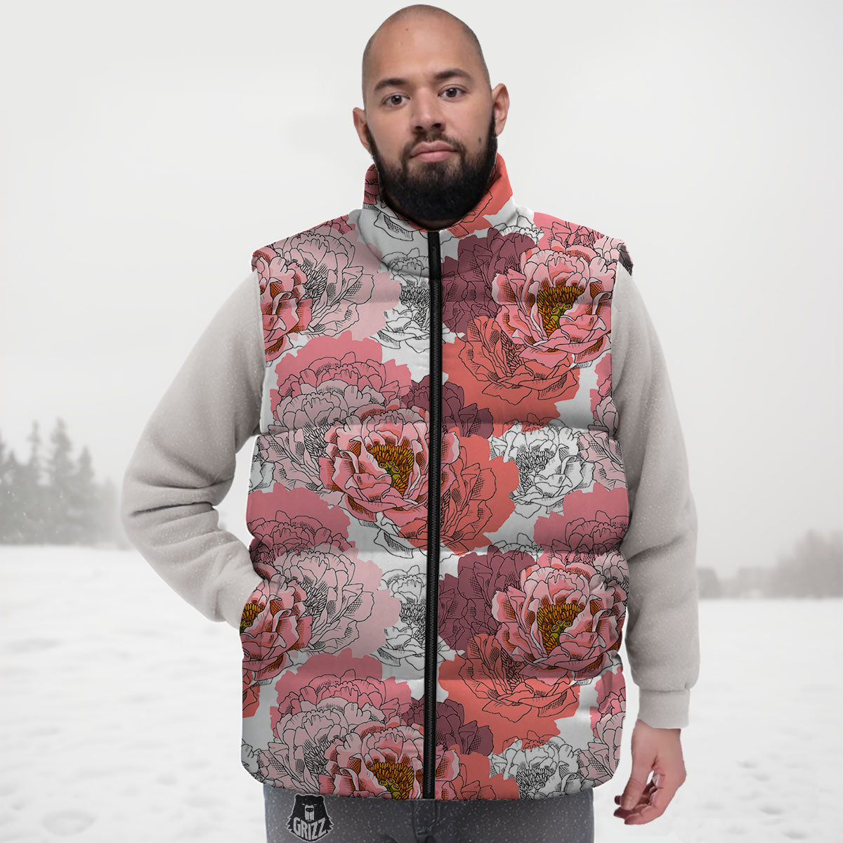 Floral Flower Pink Peony Print Pattern Down Vest-grizzshop