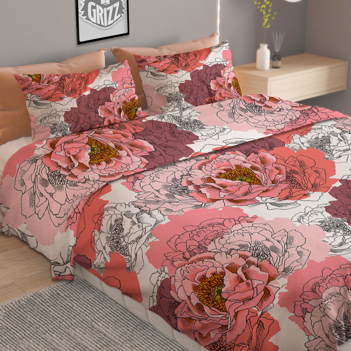 Floral Flower Pink Peony Print Pattern Duvet Cover Bedding Set-grizzshop