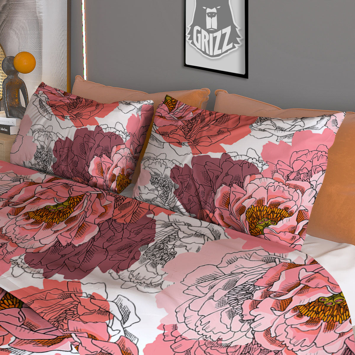 Floral Flower Pink Peony Print Pattern Duvet Cover Bedding Set-grizzshop