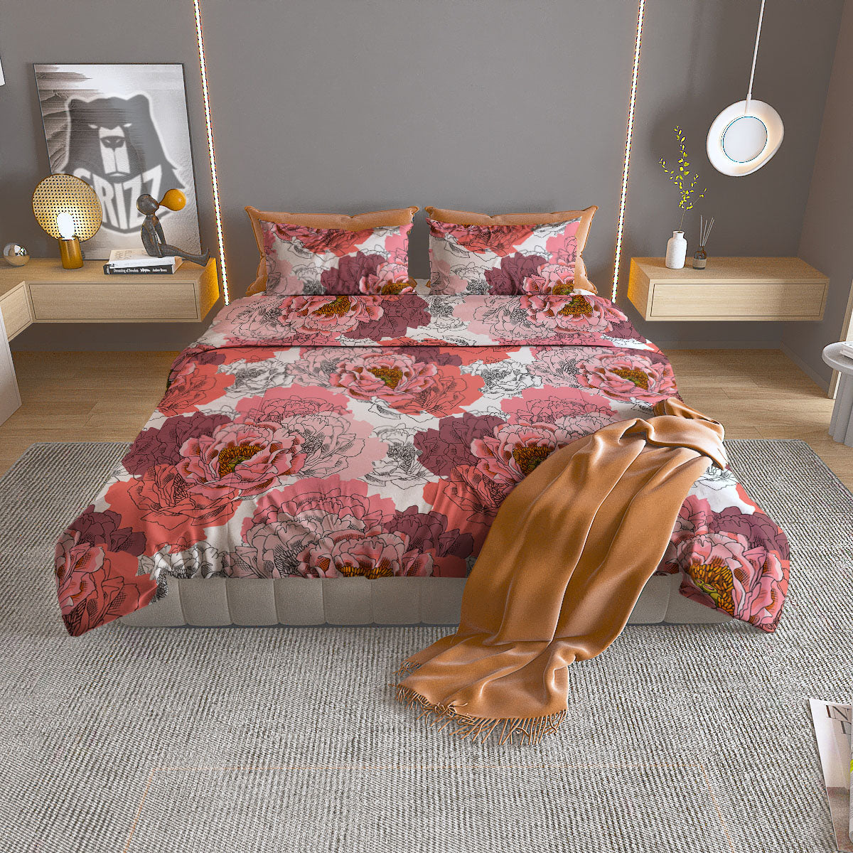 Floral Flower Pink Peony Print Pattern Duvet Cover Bedding Set-grizzshop