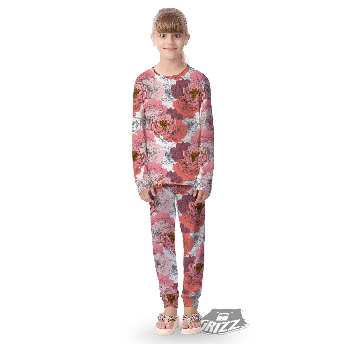 Floral Flower Pink Peony Print Pattern Kid's Pajamas-grizzshop