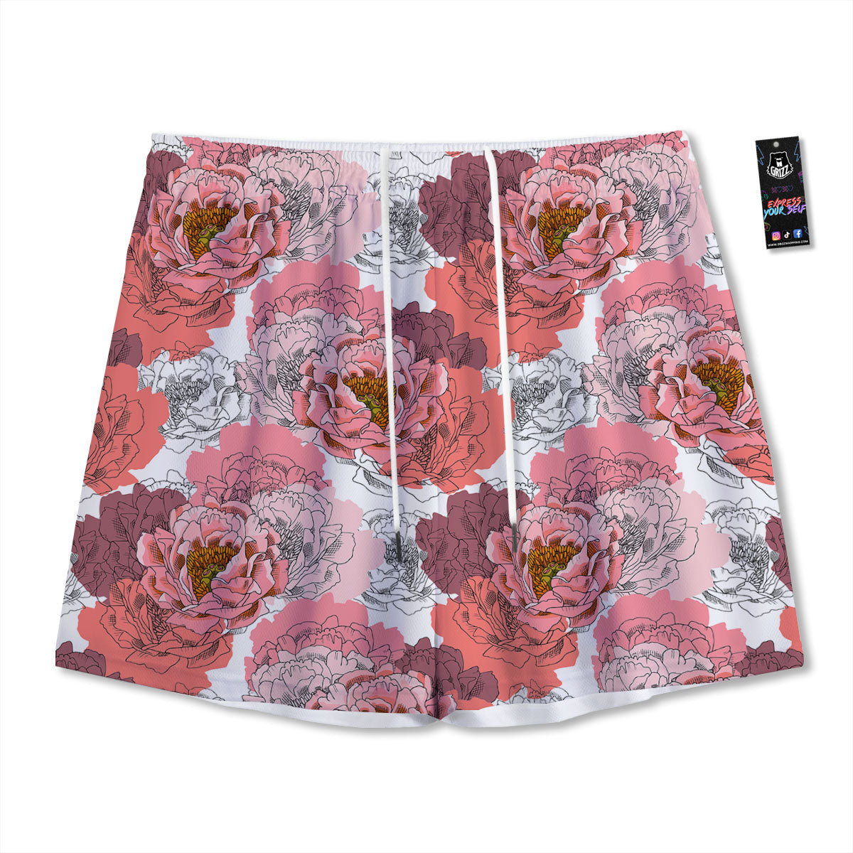 Floral Flower Pink Peony Print Pattern Mesh Shorts-grizzshop