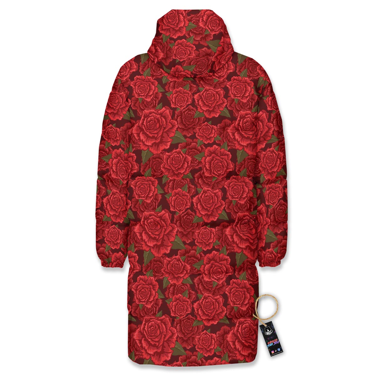 Floral Flower Red Rose Print Pattern Long Down Jacket-grizzshop
