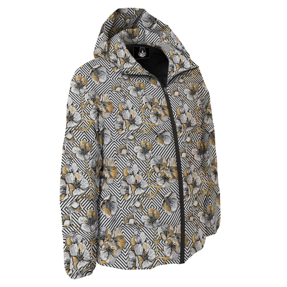 Floral Geometric Japanese Print Pattern Down Jacket-grizzshop