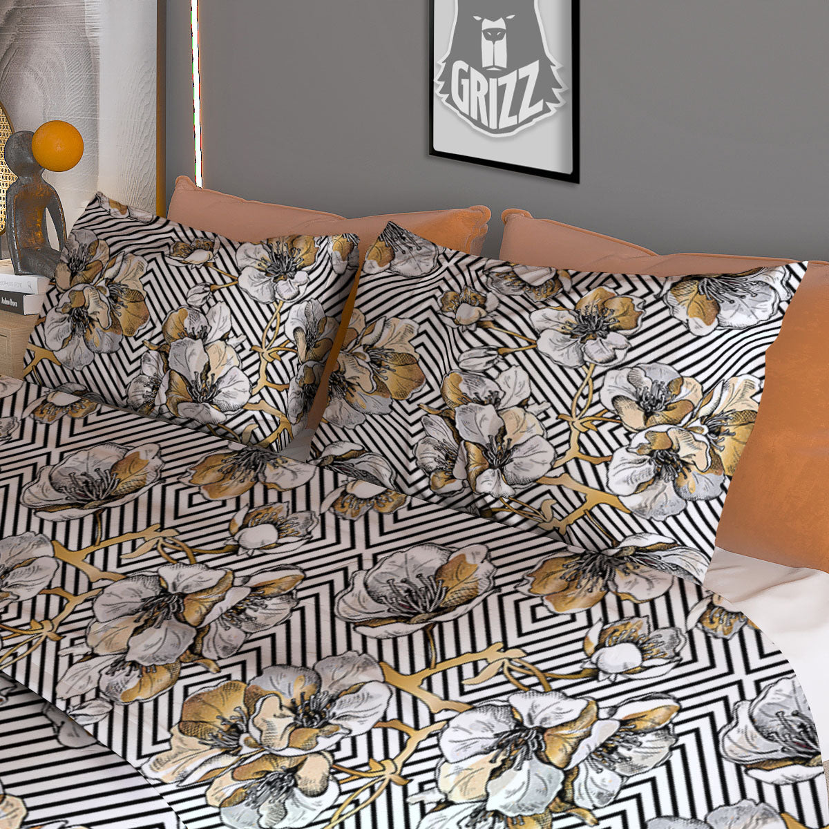 Floral Geometric Japanese Print Pattern Duvet Cover Bedding Set
