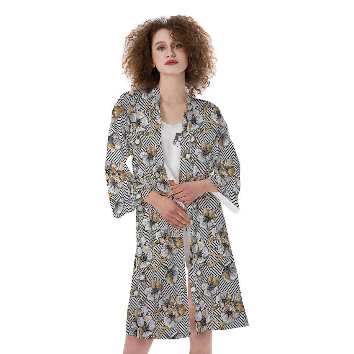 Floral Geometric Japanese Print Pattern Kimono-grizzshop