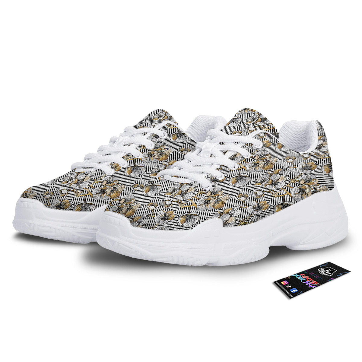 Floral Geometric Japanese Print Pattern White Chunky Shoes-grizzshop