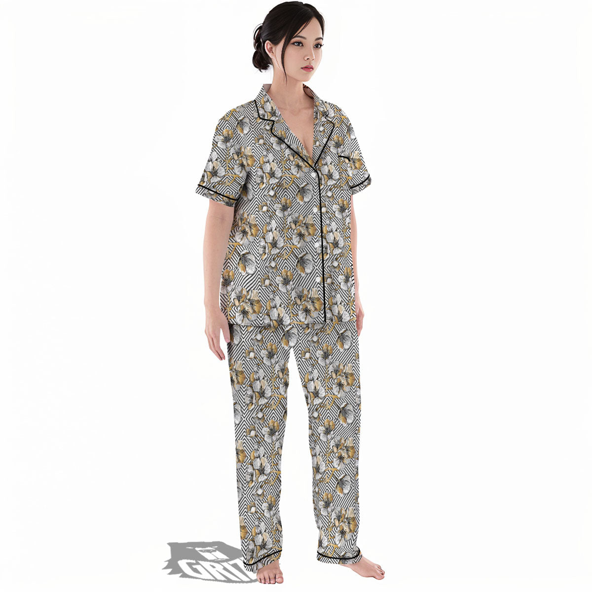 Floral Geometric Japanese Print Pattern Women's Pajamas Set-grizzshop