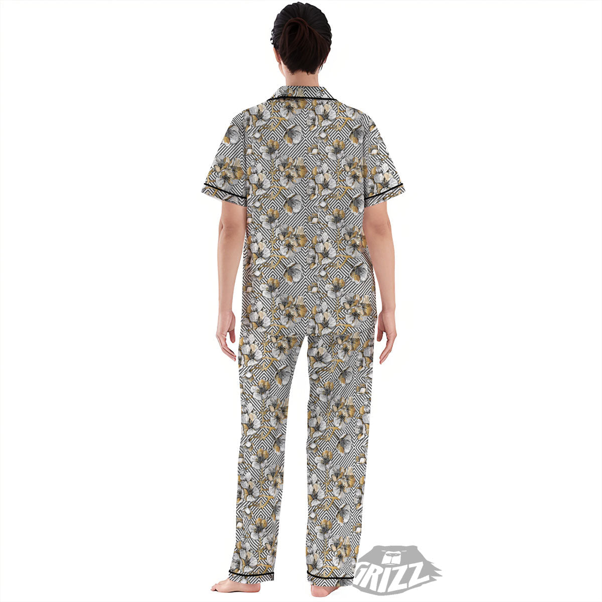 Floral Geometric Japanese Print Pattern Women's Pajamas Set-grizzshop