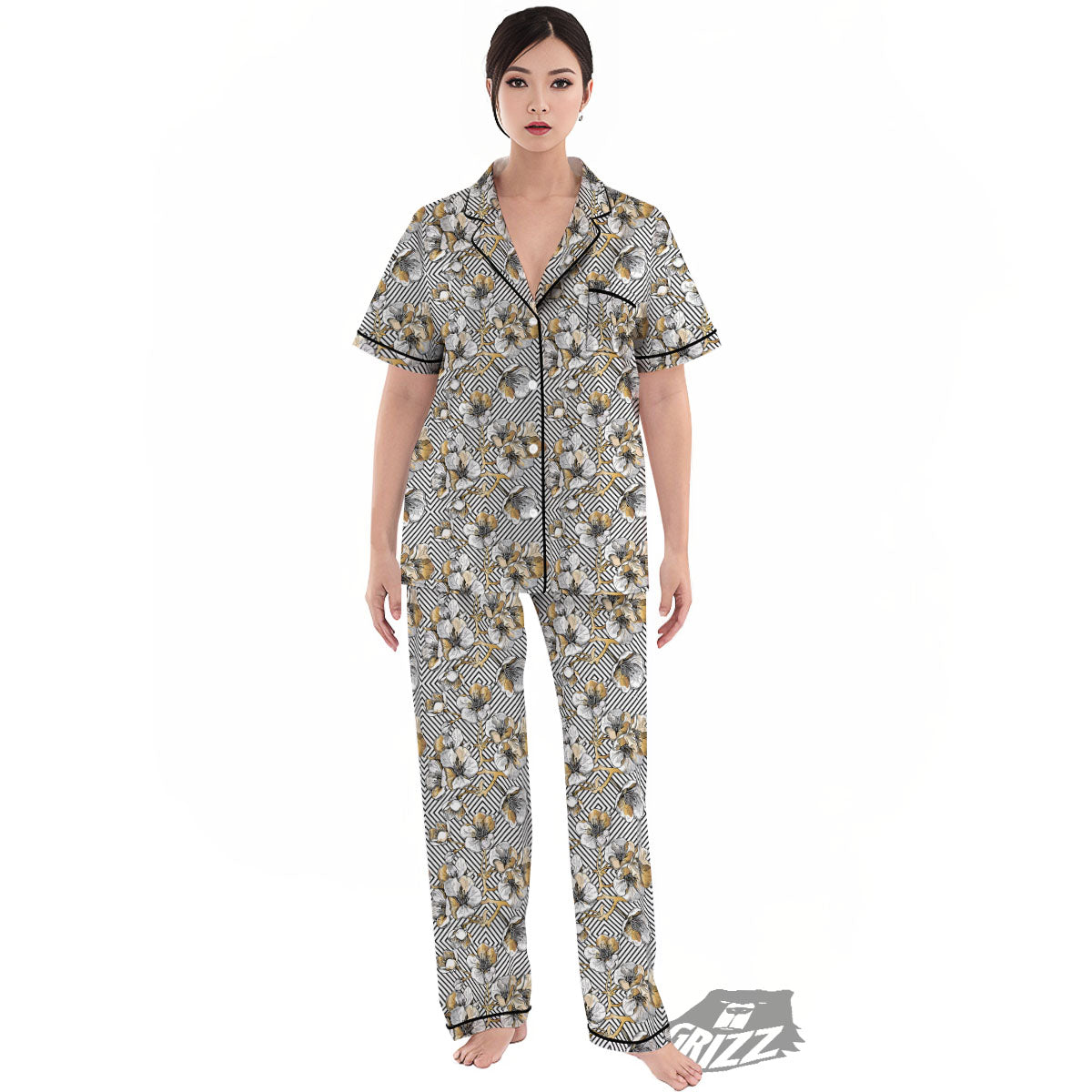 Floral Geometric Japanese Print Pattern Women's Pajamas Set-grizzshop