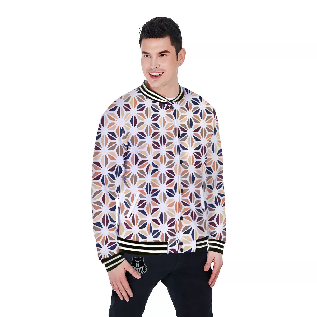 Floral Geometric Print Baseball Jacket-grizzshop