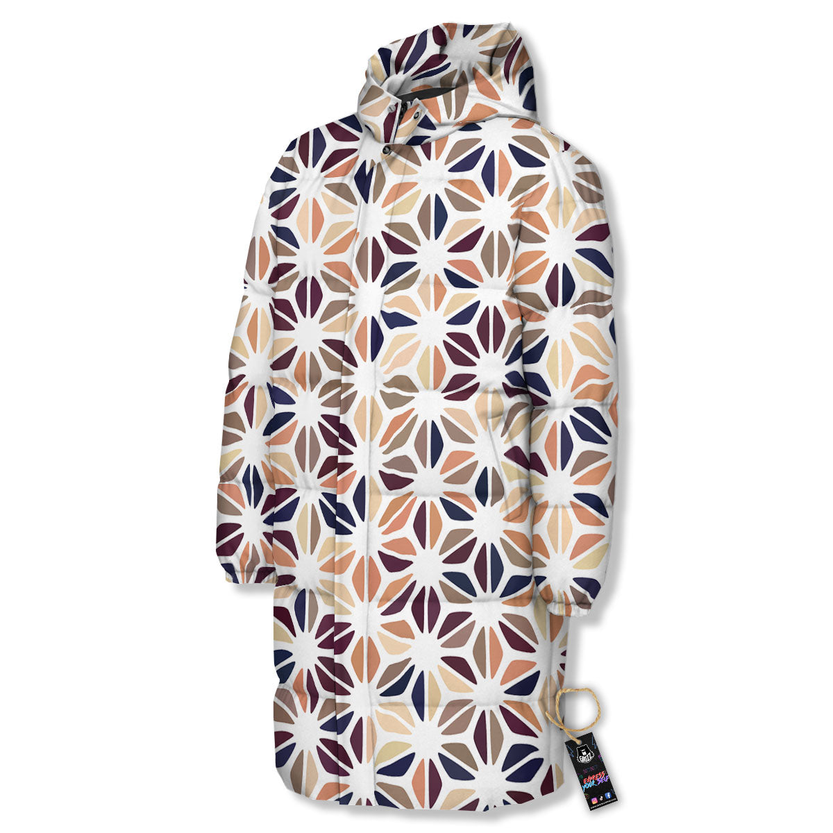 Floral Geometric Print Long Down Jacket-grizzshop